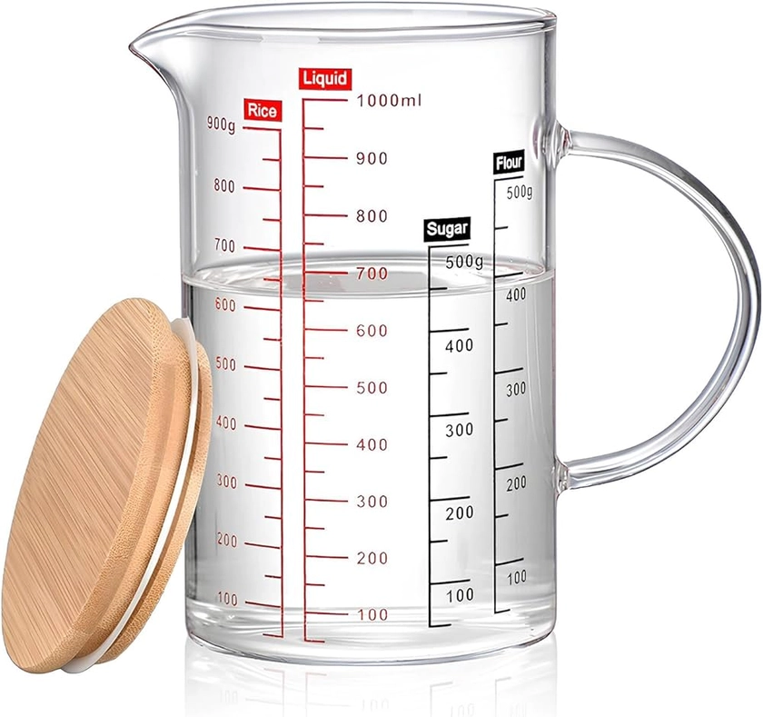 Verre doseur, verre mesureur tasse à emsurer en verre avec couvercle pour jus, lait, 1000ml : Amazon.fr: Cuisine et Maison