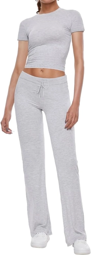Amazon.com: AnotherChill Women's 2 Piece Lounge Sets Straight Leg Pants Set Short Sleeve Crop T-shirt Casual Outfits Comfy Loungewear (Light-Gray, Medium) : Clothing, Shoes & Jewelry