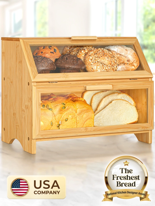 Double Layer Bamboo Bread Box, Large Storage Box for Bakery Products, Food Bin for Kitchen Countertop by Golden Nature - Walmart.com