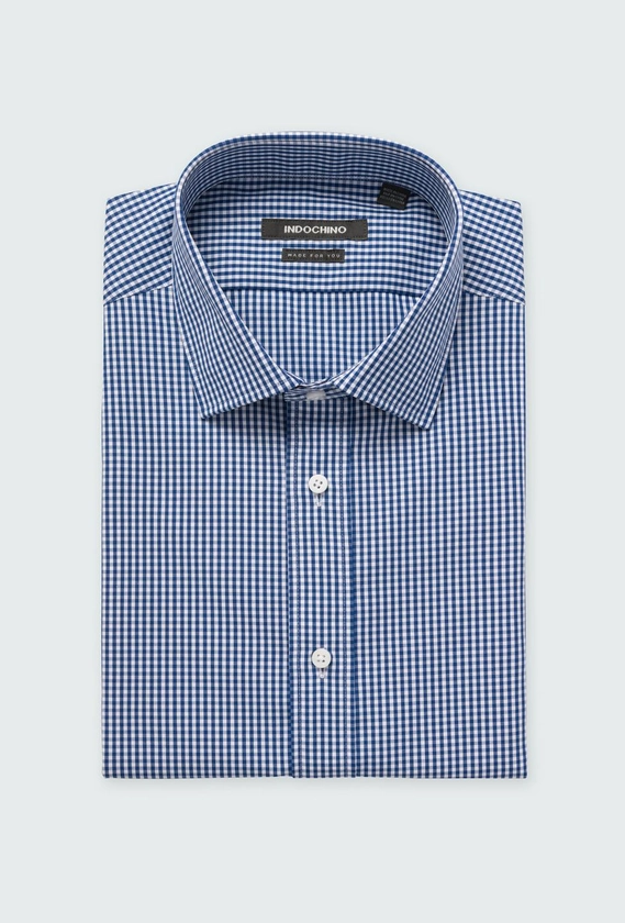 Men's Dress Shirts - Helston Anti-Wrinkle Gingham Navy Shirt | INDOCHINO