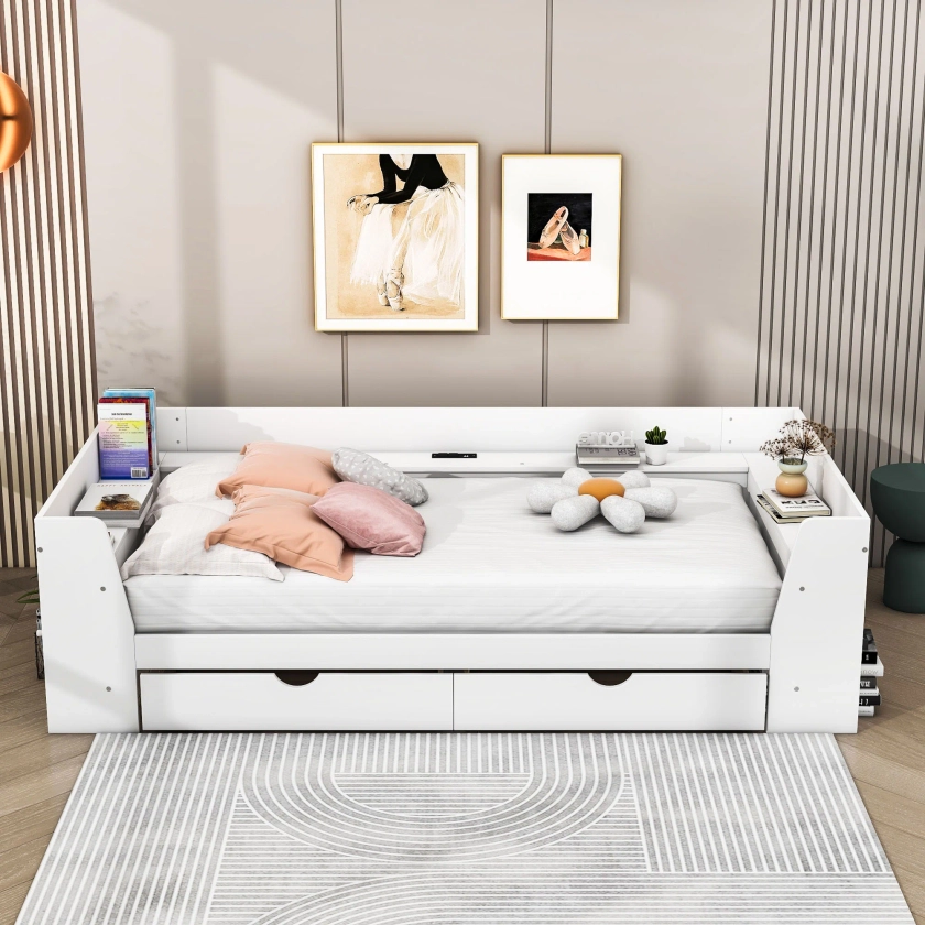 Twin 2 Drawers Wood Daybed with Shelves and Built-In Charging Station