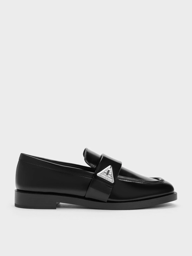 Black Boxed Trice Metallic Accent Loafers | CHARLES & KEITH