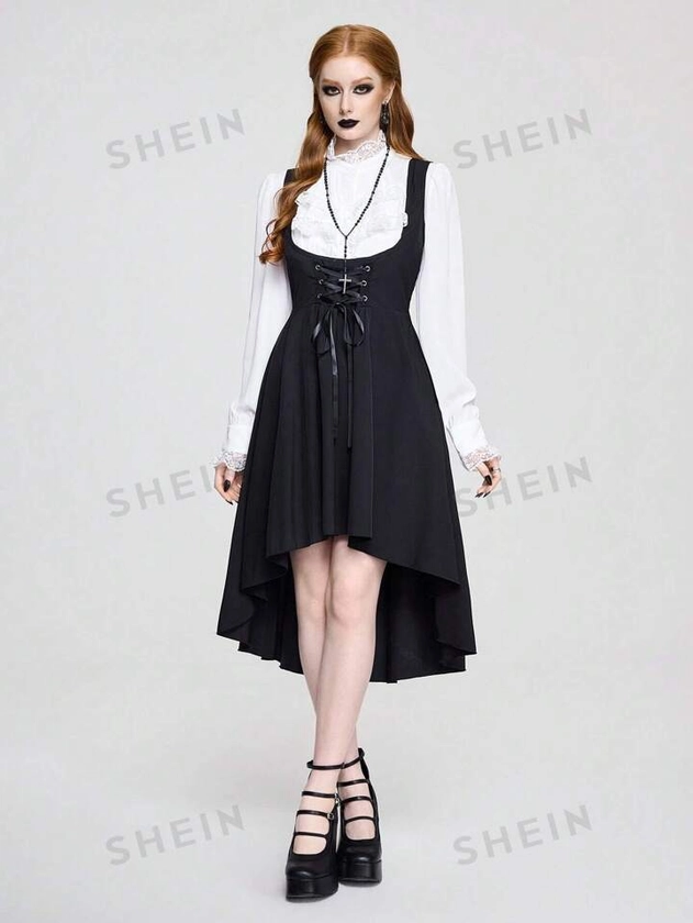 ROMWE Goth Vestido midi unisex gótico retro con cintura cinchada y dobladillo asimétrico, con camisa