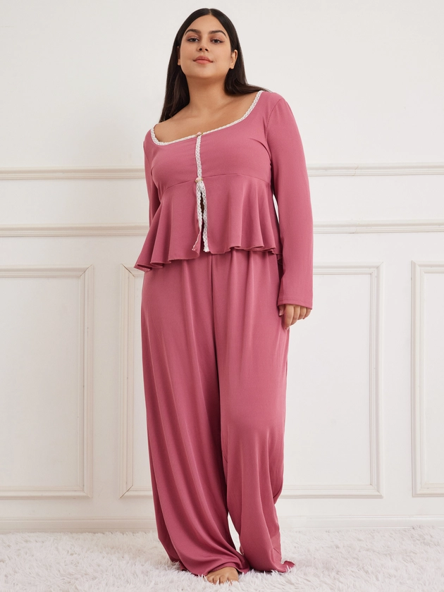 Square Neck Ruffle Pajama Top & Straight Leg Trousers Curve & Plus