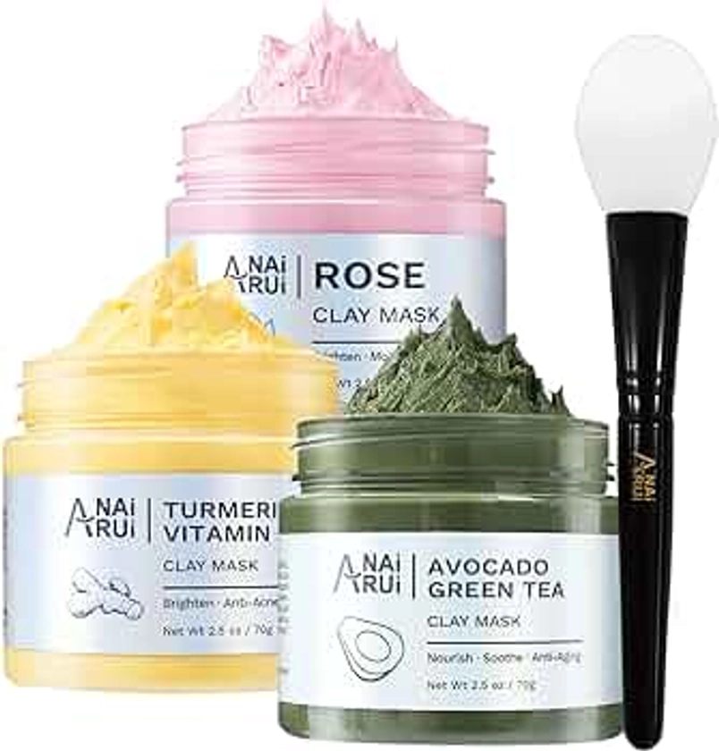 ANAiRUi Clay Mask Set for Skin Care - included Turmeric Vitamin C + Rose + Avocado Green Tea Face Mask - Deep Cleansing, Hydrating, and Nourishing - Reduces Acne and Pores, 210g