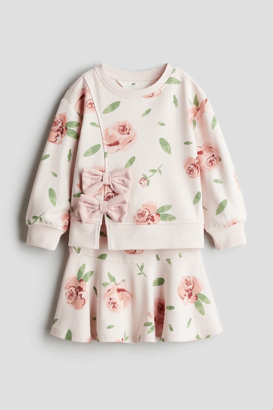 2-piece Top and Skirt Set - Regular waist - Round Neck - Light pink/roses - Kids | H&M US