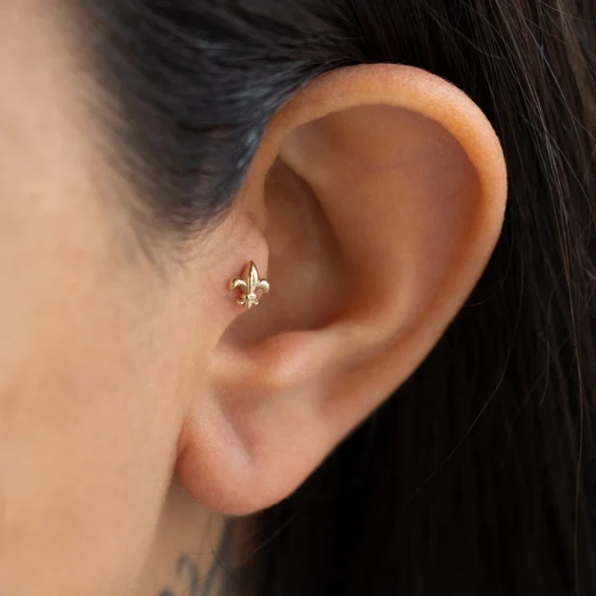 Dainty 14k Solid Gold Fleur De Lis Figure Screwback Ear Piercing/Stud