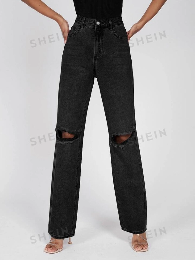 SHEIN Tall High Waist Ripped Frayed Straight Leg Jeans | SHEIN USA