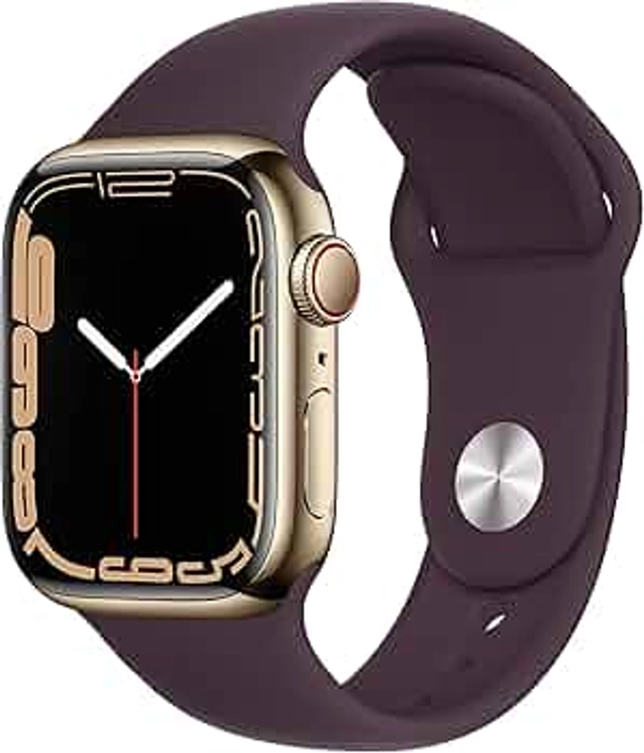 Apple Watch Series 7 (GPS + Cellular, 41MM) - Boîtier en Acier Inoxydable doré avec Bracelet Sport Cerise Noire (Reconditionné)