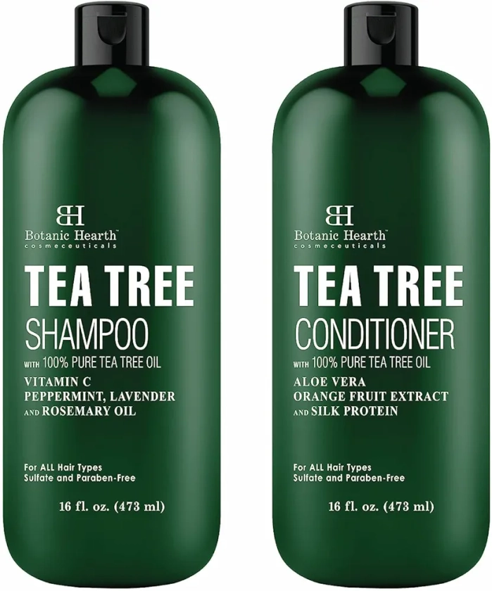 Botanic Hearth Shampoo and Conditioner Set - with 100% Pure Tea Tree Oil, for Itchy and Dry Scalp, Sulfate/Paraben Free - for Men and Women - 16 fl oz each