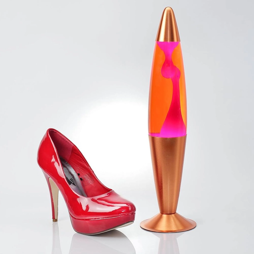 Lampe à Lave futuriste Timmy cuivrée au design rétro liquide orange cire rouge avec interrupteur G9 (fournie) H:36 cm parfaite pour le salon