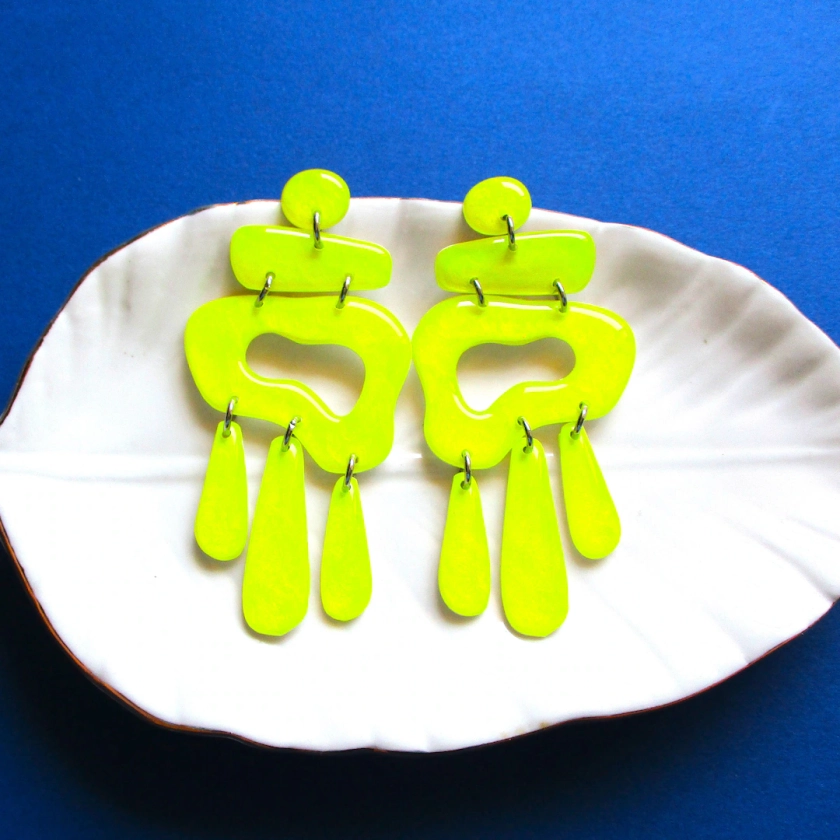 Neon Yellow Statement Earrings Handmade Specialty Paint With Unique Patterns - Etsy