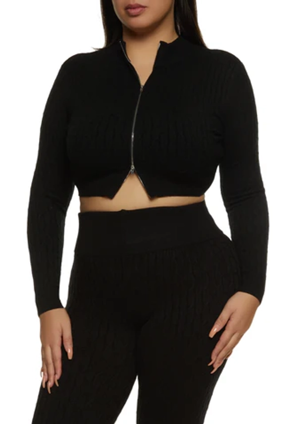 Plus Size Cable Knit Zip Front Cropped Sweater