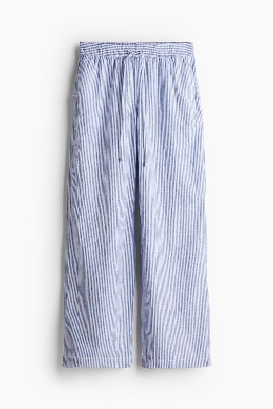 Linen-blend trousers - Blue/Striped - Ladies | H&M GB