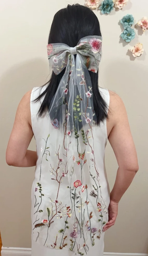 Wildflower bow, Veil alternative, Unique veil, Embroidered flower veil, Bachelorette party hair, Bridal shower hair, Elopement hair