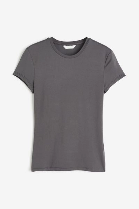 Fitted microfibre T-shirt - Round neck - Short sleeve - Dark grey - Ladies | H&M GB