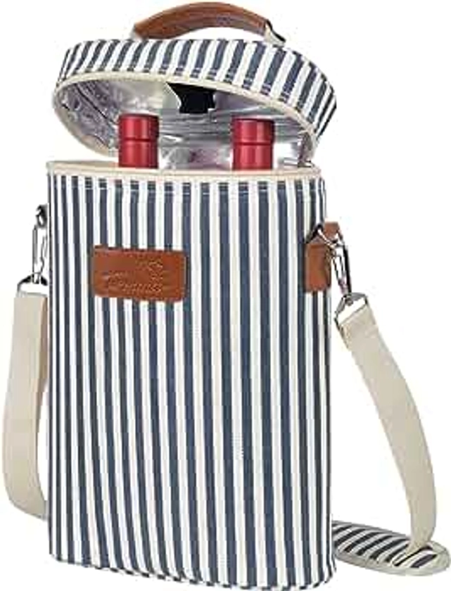 Tirrinia 2 Bottle Wine Gift Tote Carrier - Leakproof & Insulated & Padded Versatile Cooler Bag for Travel, BYOB Restaurant, Wine Tasting, Party, Great Valentine's Day Giftfor Wine Lover, Stripe