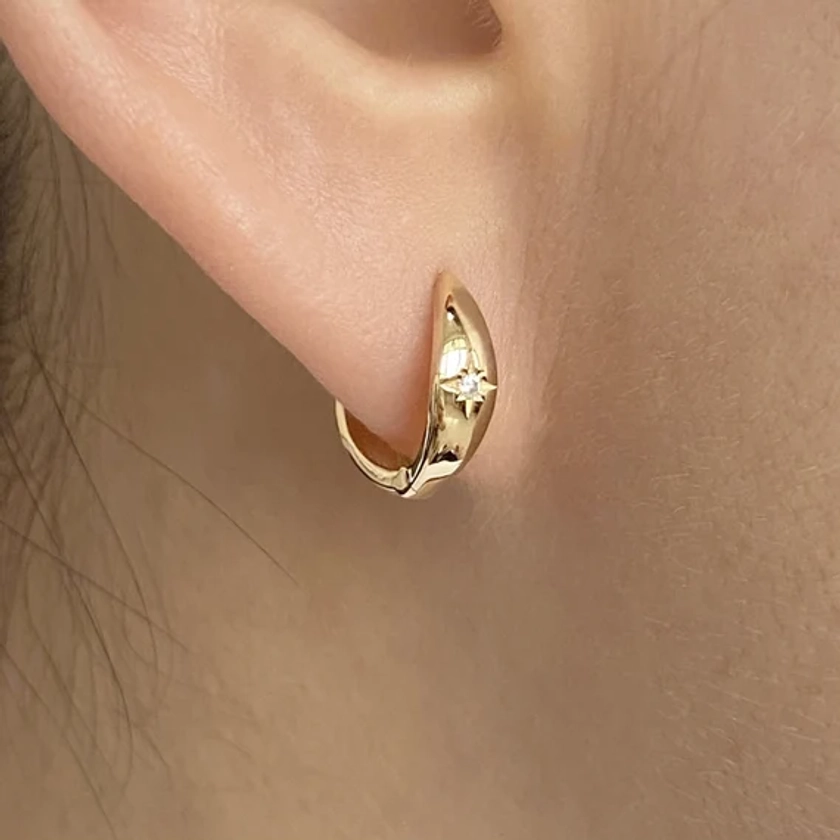 Solid Gold Huggie Hoop Earringsdiamond Earringscelestial - Etsy Australia