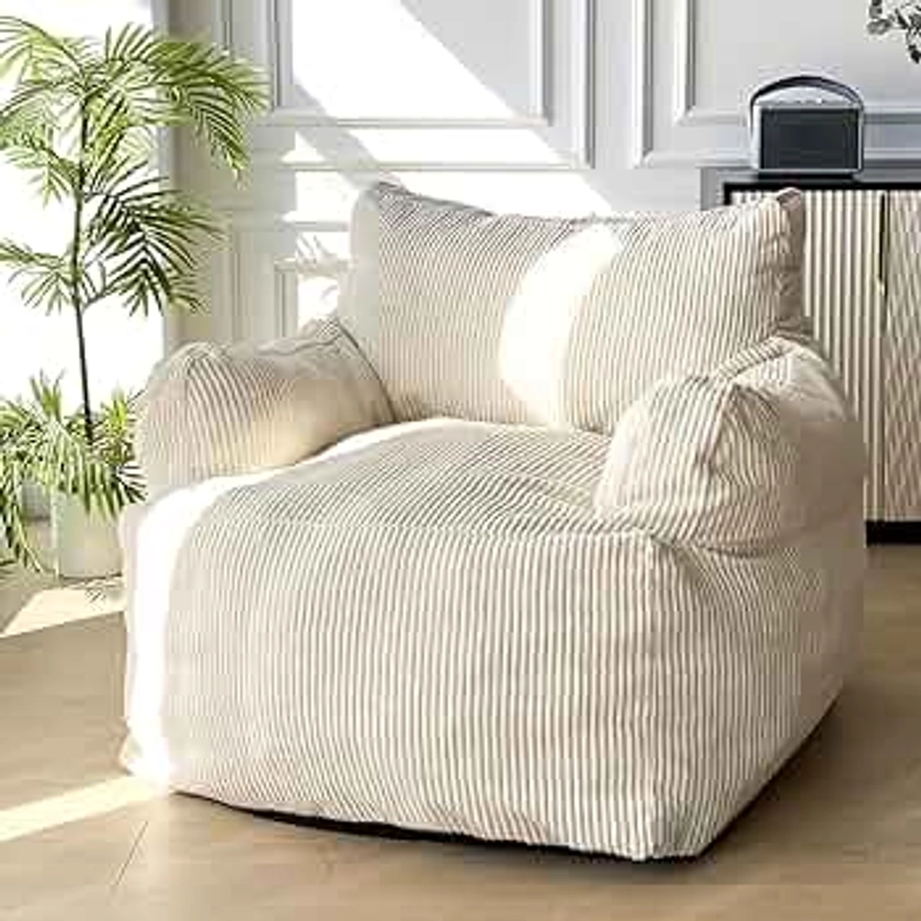 MAXYOYO Giant Bean Bag Sofa - Stuffed Accent Chair with Pocket for Adults, Big Lazy Floor Chair for Gaming, Reading, Beige