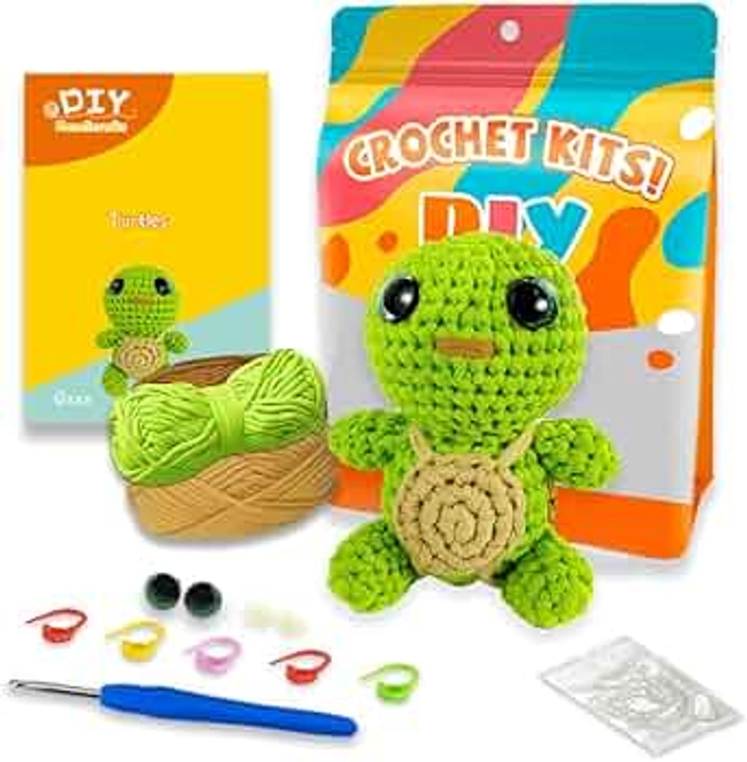 Jeslon Crochet Kit for Beginners - Learn to Crochet Amigurumi Crocheting Animals Kits - Knitting Starter Pack for Adults and Kids, Step-by-Step Video Tutorial - Turtle Hugo