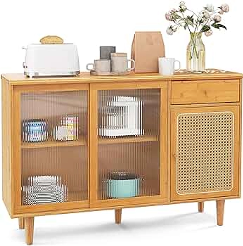 Giantex Sideboard, Bamboo Buffet Cabinet with Storage, Drawer, Rattan Glass Door Cabinet, Kitchen Cupboard, Farmhouse Console Table for Entryway Dining Room Coffee Bar