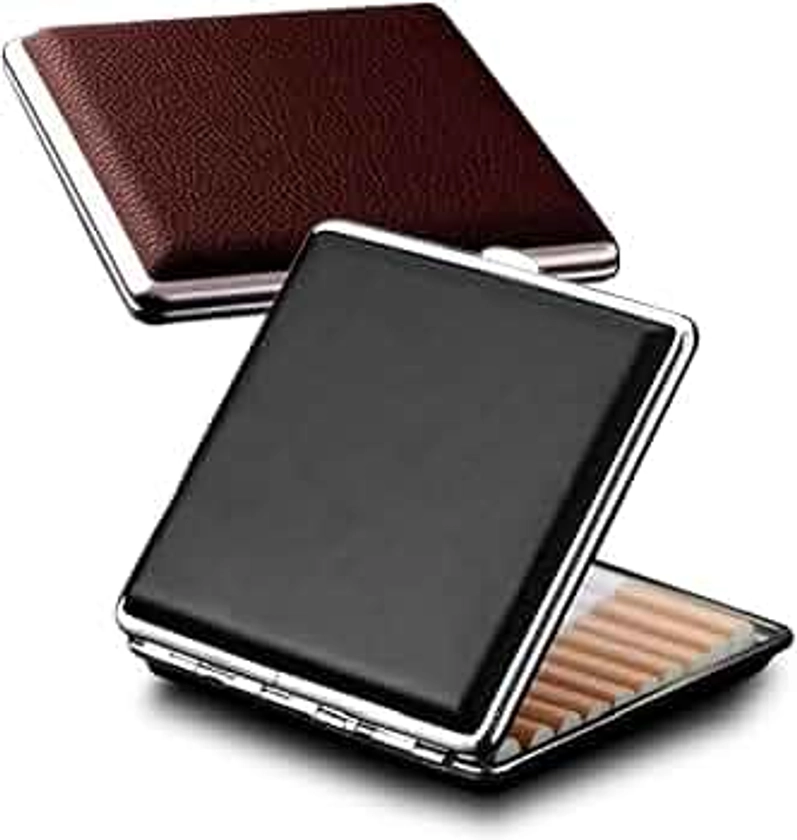 tlhaoa Estuche para cigarrillos con superficie de cuero elegante para 20 cigarrillos, caja de cigarrillos para hombres y mujeres, regalo ideal para ahumador, 2 cajas de 84 mm (tamaño regular negro + marrón)