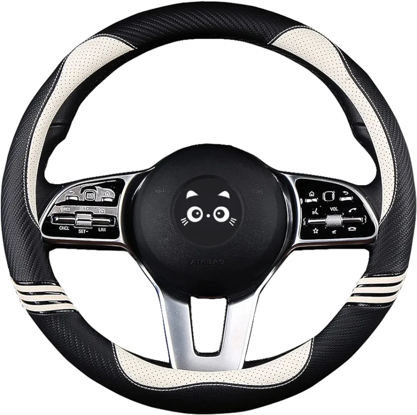 Cute Steering Wheel Cover for Women, Carbon Fiber&Perforated Leather with Anti-Slip Rubber Ring, Steering Wheel Protector for Men, Universal Fit 14.5-15 inches for Cars,SUV (Pearl White)