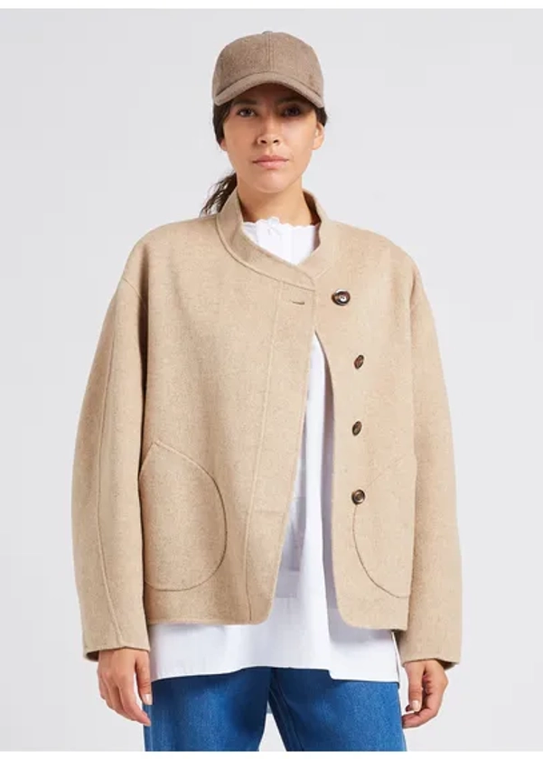 MANTEAU COL ROND EN LAINE MéLANGéE BEIGE CHINE SOEUR - FEMME | Place des Tendances