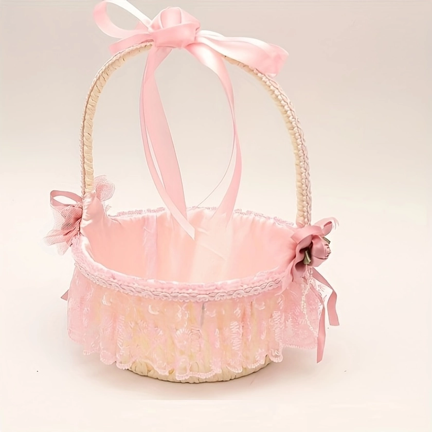 Lace and Satin Flower Girl Basket with Hand-Woven Detail, Elegant Bridal Basket with Floral Accents for Weddings