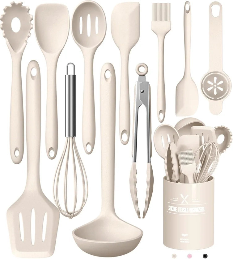 Kitchen Utensil Set, 12-Piece Silicone Cooking Utensils, Cooking Cutlery Set, Heat Resistant Cookware with Utensil Holder, Non-Stick Cooking Set, Kitchen Utensils, Dishwasher Safe, Khaki