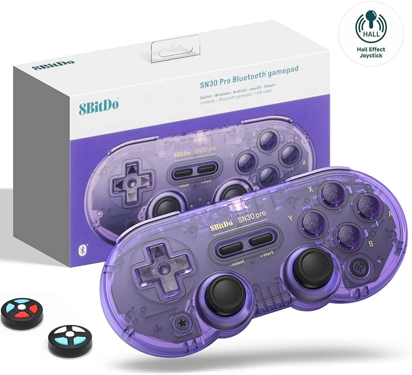 8Bitdo SN30 Pro Wireless Bluetooth Controller (Hall Effect Joystick Update) with Joysticks Rumble Vibration USB-C Cable Gamepad Compatible with Switch,Windows, Mac OS, Android, Steam (Crystal Purple)