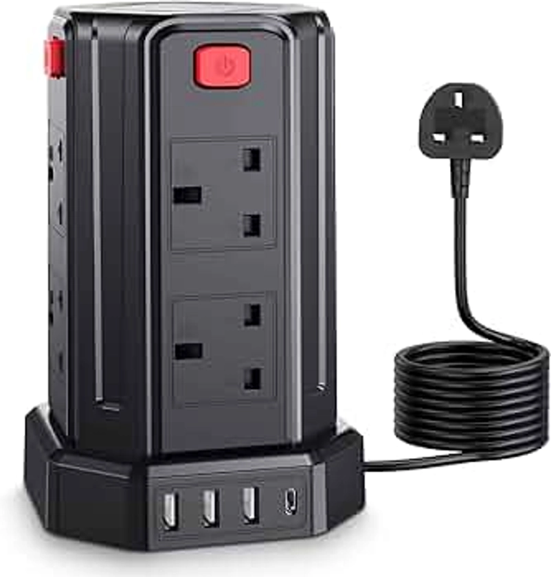 Tower Extension Lead, [13A 3250W] Surge Protector Extension Lead,8 AC Outlets & 4 USB Ports Multi Plug Socket Power Strip with 3M Extension Cable for Home, Office