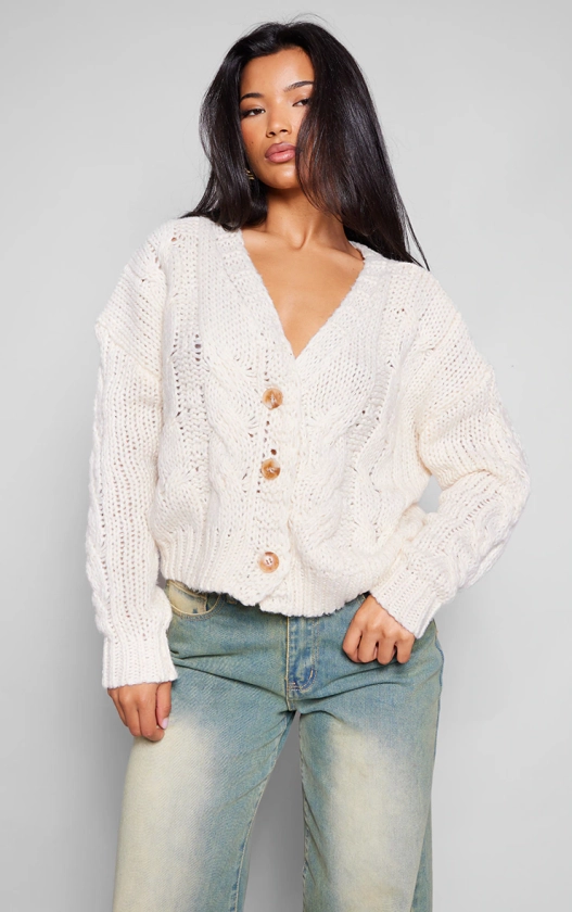 Cream And Taupe Space Dye Chunky Knit Cardigan
