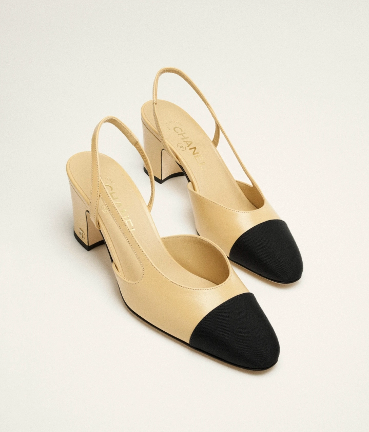 Slingbacks - Goatskin & grosgrain, beige & black — Fashion | CHANEL