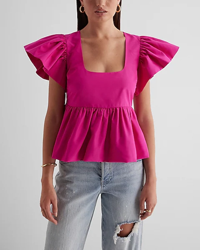 Square Neck Flutter Sleeve Peplum Babydoll Top