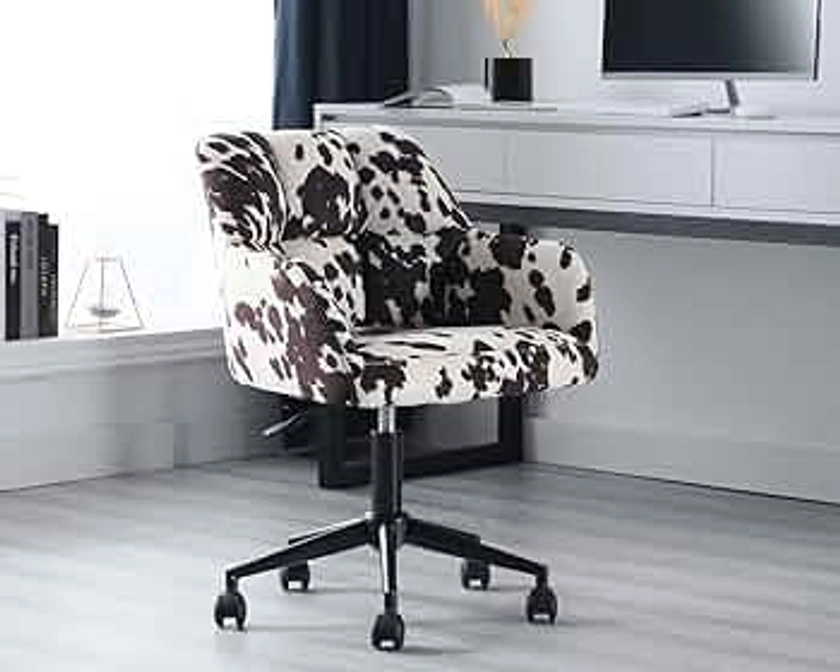 Modern Swivel Home Office Desk Chair with Wheels and Arms, Cow Print Velvet Height Adjustable Comfortable Ergonomic Upholstered Desk Chair, Wide Cute Cowhide Computer Armchair for Living Room Home
