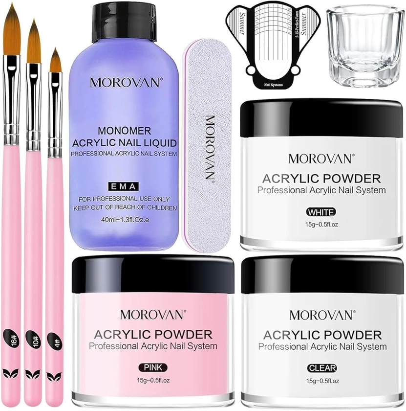 Morovan Acrylic Nail Kit: Clear Pink White Acrylic Powder and Professional Liquid set for Acrylic Nails Extension for Beginner DIY at Home with Acrylic Nail Brush