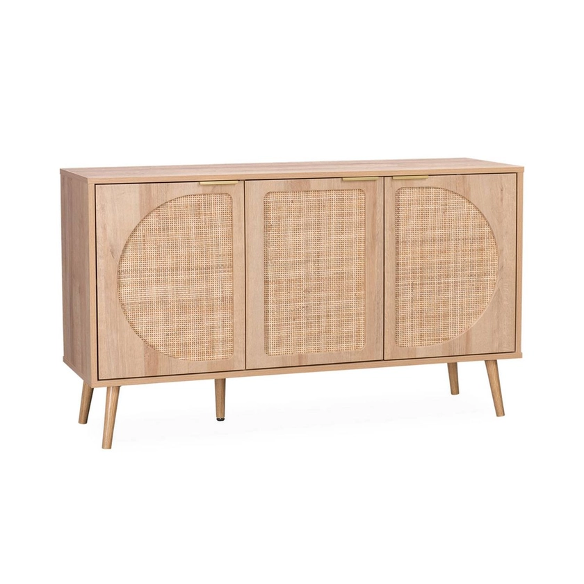 Buffet scandinave décor bois et cannage arrondis 3 portes 120 cm EVA