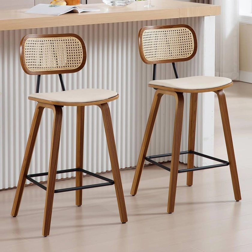 Wahson Tabourets de Bar Moderne Lot de 2 Chaise de Bar Bois et Métal avec Dossier Rotin Tabouret Haute Bar Pied Bois Massif, Chaise Bar Bois pour Bar à Domicile/Central Îlot, Beige