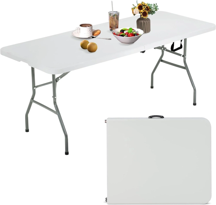 CL.HPAHKL 6 Foot Folding Table with Carrying Handle, Portable Plastic Camping Table Fold in Half, 6 ft Foldable Table with Sturdy Steel Frame for Indoor Outdoor Camping, Picnic and Party, White - Walmart.com