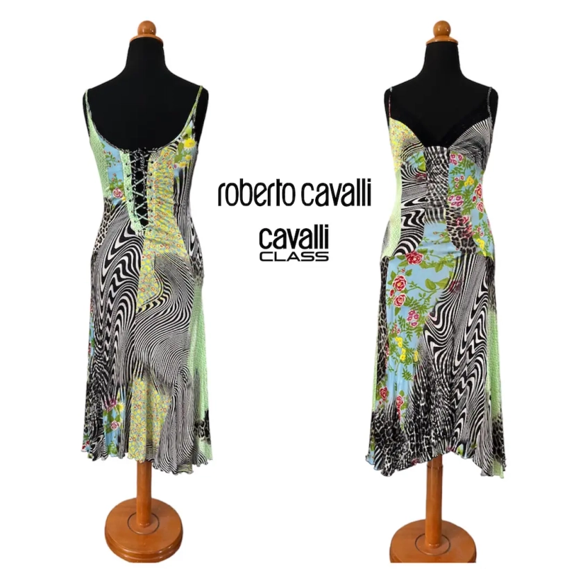 Vintage Roberto Cavalli class slip dress, Y2K fashion designer