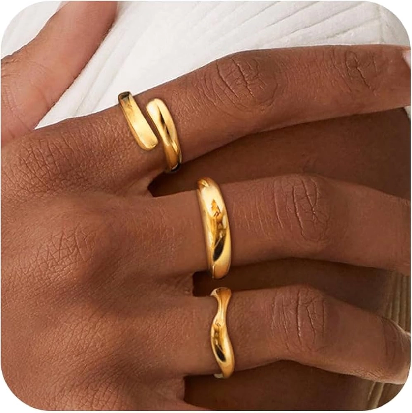 Dainty 3pc Stackable Chunky Rings Non Tarnish-Fashion Trendy 14K Gold/Silver Plated Stacking Ring Set -Statement Eternity Rings for Women-Cute Jewelry Gift for Women Size 5-10