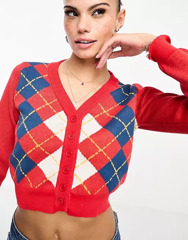 Daisy Street 90s fitted cardgian in red argyle knit