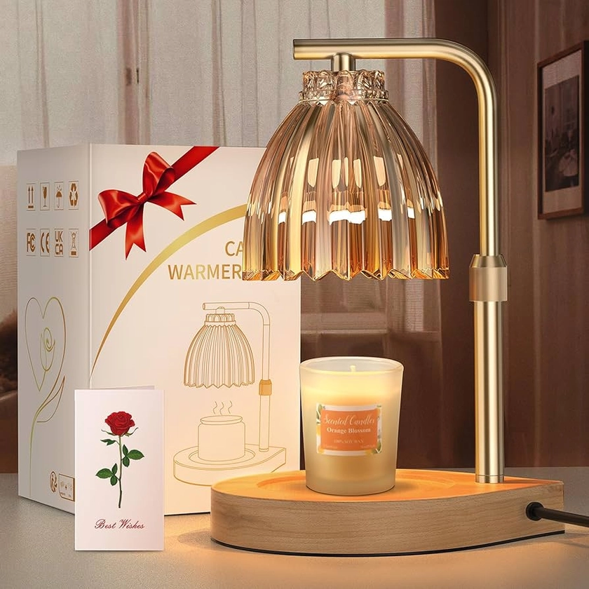 Trtyldt Gifts for Women, Candle Warmer Lamp with Timer & Dimmer, Candle Warmer Lamp Height Adjustable for Jar Scented Candles with 2 Bulbs for Home Decor, Mother's Day Gifts (Amber)