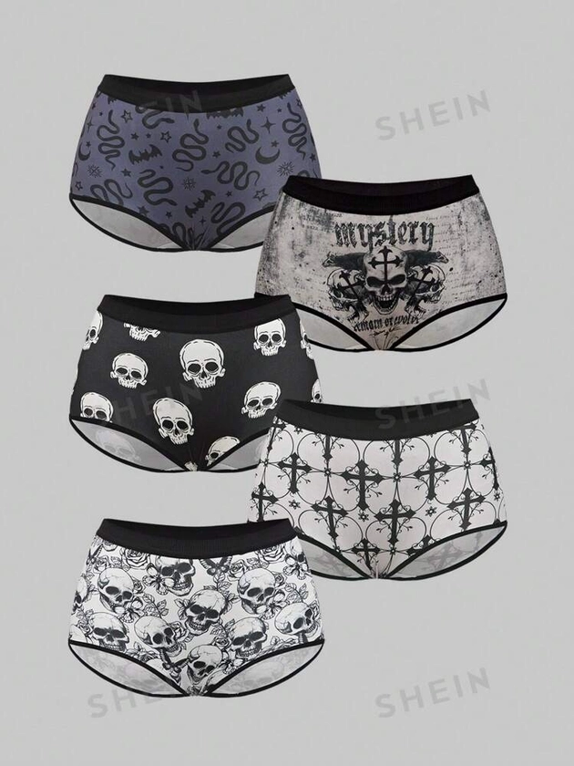 ROMWE Goth 5pcs/Set Gothic Style Skeleton, Snake, Cross Pattern Knitted Lace Trim Panties