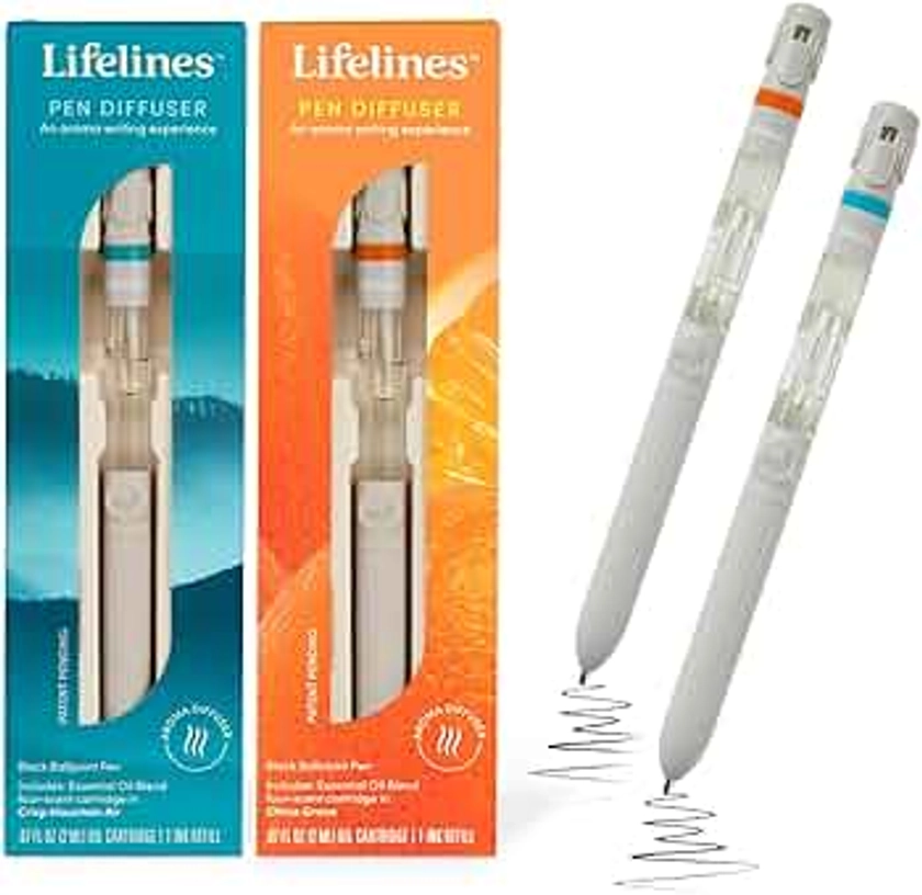 Lifelines 2 Pack Pen Diffuser in Citrus Grove & Crisp Mountain Air Essential Oil Blends, Elegant 1.0mm Ballpoint Tip, Black Pen, Ink Refill Included