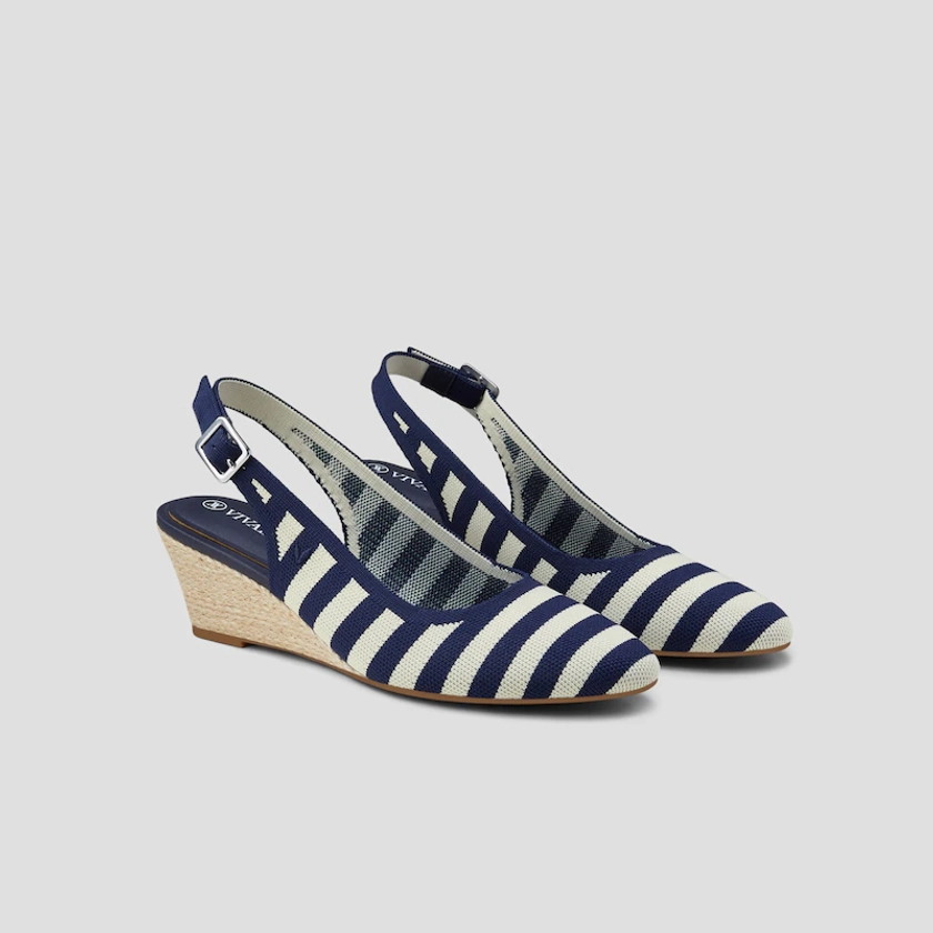 Almond-Toe Slingback Wedge Heeled Sandal in Navy Stripe Woven-Sustainable | VIVAIA