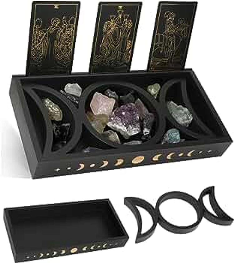 Crystal Tray for Stones, Triple Moon Crystal Holder Box, 3 Tarot Card Stand for Daily Affirmation Cards, Wicca Crystal Display, Detachable Rocks, Essential Oil Organizer, Witch Altar Gift