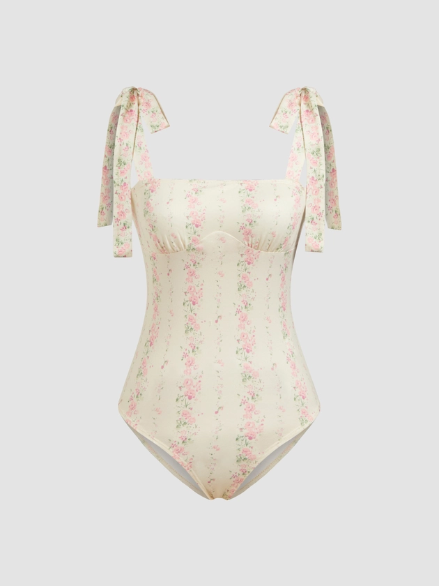 Knit Fabric Square Neck Floral Knotted Bodysuit