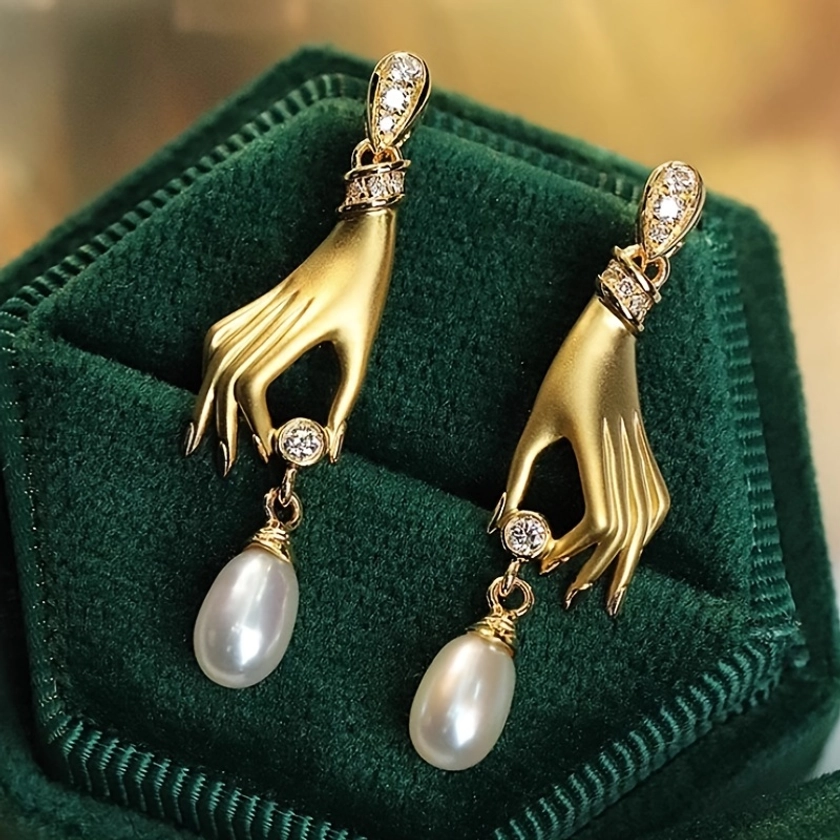 Faux Pearl Pendant Golden Hand Design Dangle Earrings Retro Goth Style Copper Jewelry Creative Female Ear Ornaments